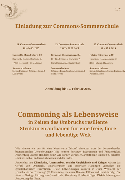 Invitation and descriptive text to Commons Summer schools 2025, page 1 of 2. See also http://commons-sommerschule.org/commons-sommerschulen/.
