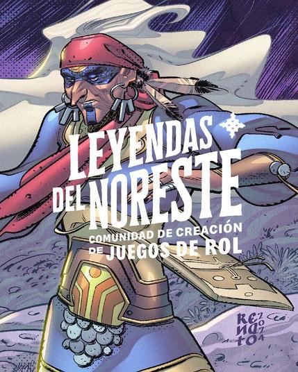 Ilustración digital a color realizada en Clip Studio Paint. Escena nocturna, curandera indígena del noreste de México con los brazos levantados, de fondo vemos el desierto con varias plantas y piedras. El logo de la comunidad de creación de juegos de rol "Leyendas del Noreste" se encuentra al centro en color blanco.