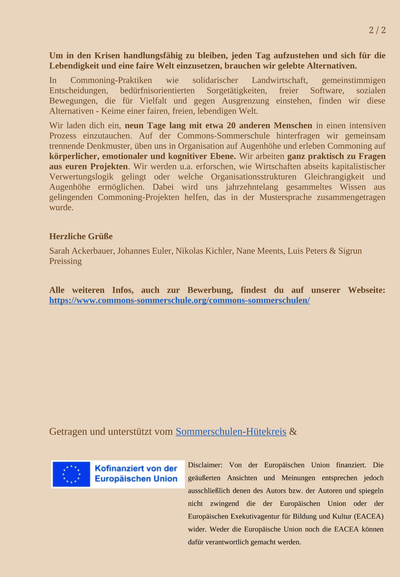 Invitation and descriptive text to Commons Summer schools 2025, page 2 of 2. See also http://commons-sommerschule.org/commons-sommerschulen/.