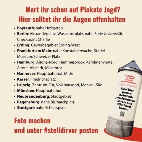 Bayreuth: nahe Hofgarten
Berlin: Alexanderplatz, Wassertorplatz, nahe Freie Universität, Checkpoint Charlie
Erding: Gewerbegebiet Erding-West
Frankfurt am Main: nahe Konstablerwache, Städel Museum/Schweizer Platz
Hamburg: Altona-Nord, Hammerbrook, Karolinenviertel, Altona-Altstadt, Millerntor
Hannover: Hauptbahnhof, Mitte
Kassel: Friedrichsplatz
Leipzig: Zentrum-Ost, Volkmarsdorf, Mockau-Süd
München: Hauptbahnhof
Neubrandenburg: Stadtgebiet
Regensburg: nahe Bismarckplatz
Stuttgart: nahe Schlossplatz