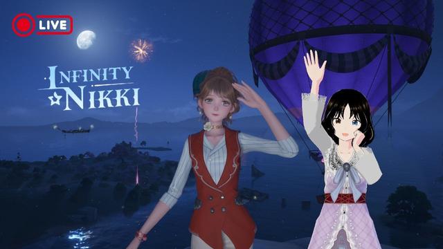A YouTube livestream thumbnail featuring me and Nikki, with a blimp and a firework in the night sky at the Firework Isles as the background.