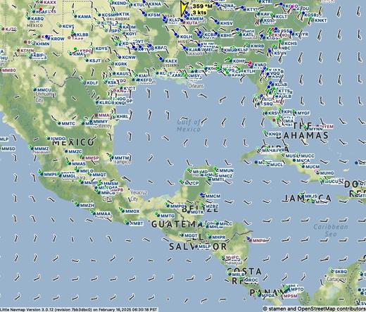 A map of the Gulf of Mexico, clearly labeled as such. The map includes wind barbs and various aviation weather stations and airports.
