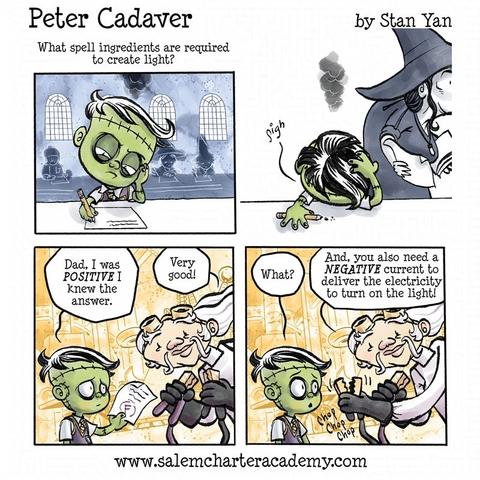 Peter Cadaver by Stan Yan

Panel 1: Peter Cadaver looks down at his test in class in deep concentration. Caption says, "What spell ingredients are required to create light?"

Panel 2: The witch teacher comes by to collect his test. Peter collapses onto his desk in frustration.

Panel 3: Peter shows his mad scientist dad his test, which was graded with an "F". Peter says, "Dad, I was POSITIVE I knew the answer." Dad says, "Very good!"

Panel 4: Peter looks surprised and says, "What?" Dad replies, "And you also need a NEGATIVE current to deliver the electricity to turn on the light."

www.salemcharteracademy.com