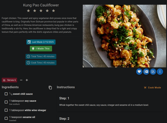 A mealie recipe screenshot showing Kung Pao Cauliflower. Last made is 2/15/2025, and it has a 5 star rating. The stars are hard to discern because Mealie in dark mode uses a muted grey on black for basically everything. The original Food Network description and header image are shown.