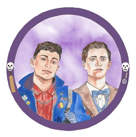 The two ghostly boys are in a frame with sculls, a cricket bat and a spyglass. Edwin is wearing Edwardian clothing, Charles clothes from the Eighties. Charles is looking directly at the viewer, Edwin somewhere else on the horizin.