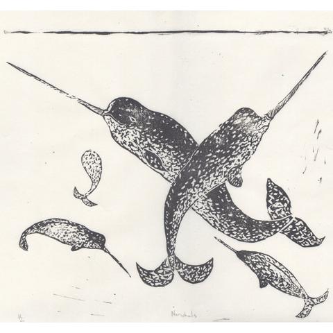 My linocut in silver on white washi paper of a pod of narwhals. There are two large ones near the top crossed like an x, each head up, and three smaller ones below pointed towards the upper left, lower right and one going into the plane of the image with a horizontal line at the top, marking the surface of the water.