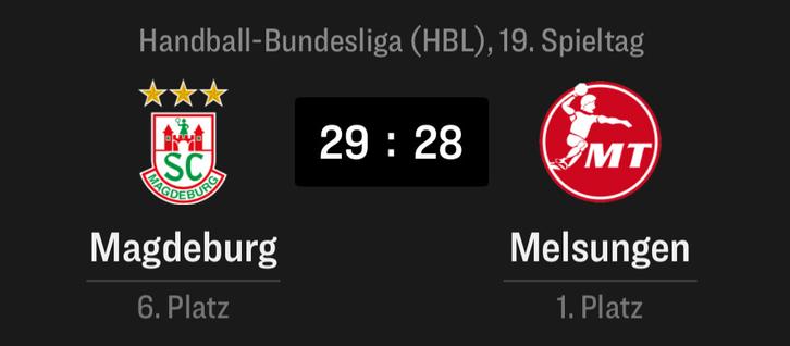 Das Bild zeigt das Ergebnis eines Handballspiels zwischen dem SC Magdeburg (SCM) und MT Melsungen (MTM). Es handelt sich um den 19. Spieltag der Handball-Bundesliga (HBL).
Ergebnis
 * SC Magdeburg: 29 Punkte
 * MT Melsungen: 28 Punkte
Zusätzliche Informationen
 * Liga: Handball-Bundesliga (HBL)
 * Spieltag: 19. Spieltag
 * Platzierung: SC Magdeburg 6. Platz, MT Melsungen 1. Platz