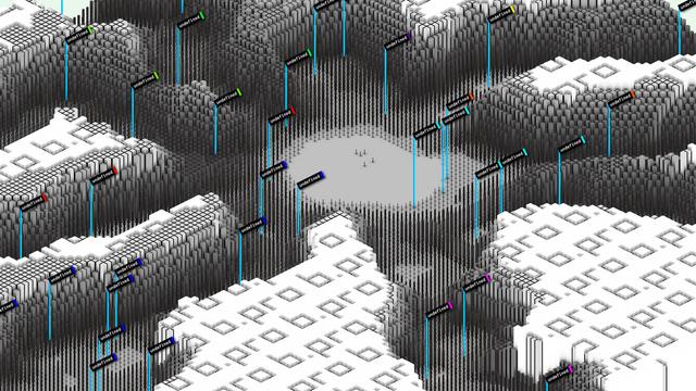 Screenshot of an isometric voxel tile-based terrain grayscale render of an eroded landscape with randomly scattered markers, each having an "undefined" tag and using color coding to indicate hypothetical grouping of content. Each tile has pre-baked ambient occlusion (shadow maps) and elevation has a direct mapping to brightness (i.e. higher elevations are lighter). The max elevation layer has a repeating "b.pro" pattern embossed...