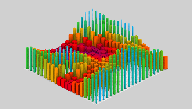 Screenshot of a 20x20 grid of pre-rendered tiles, each with pre-baked ambient occlusion and using different color hues and tile/rode size to visualize elevation.