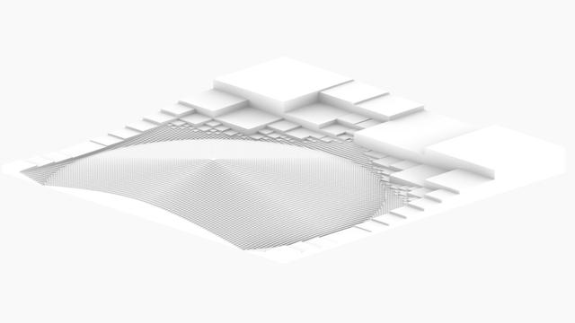 Screenshot of a grayscale (almost white and white) ambient occlusion render of a terrain consisting of multi-scale subdivided tiles of different elevations (based on a signed-distance field)
