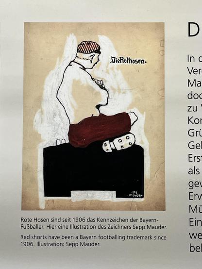 Das Bayern-Trikot in einer Zeichnung von 1906 - weißes Leibchen und rote Hosen, dazu eine kecke gestreifte Mütze. „Die Rothosen“