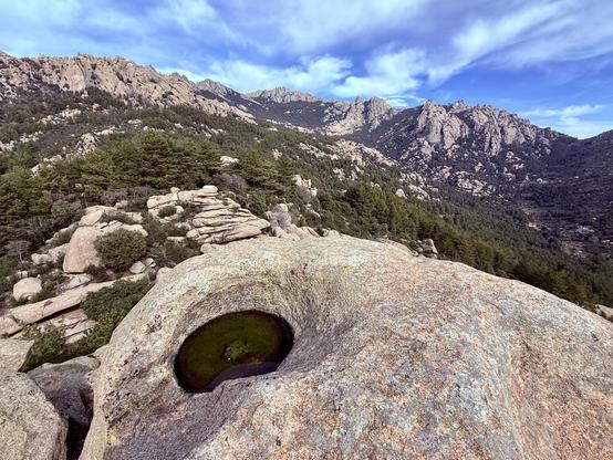 The image showcases a rugged mountainous landscape with a foreground dominated by a large weathered rock surface featuring a natural depression filled with water and moss. The middle ground consists of dense green coniferous forests interspersed with scattered rock formations, while the background displays jagged peaks composed of eroded granite, creating a striking contrast against the deep blue sky with wispy white clouds.