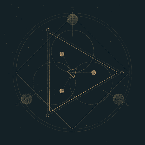 Yellow lines on a blue background. Multiple shapes are layered ontop of each other, looking like a magic circle inspired by stars