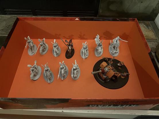 Warhammer 40K models.

Mostly unpainted models I need to finish before tournament. 

10 Victoria Miniatures Winged Hussar Rough Riders.

Krieg Lord Marshall. 

Mostly painted Artillery Team, black uniforms with orange helmets, boots, and gloves.