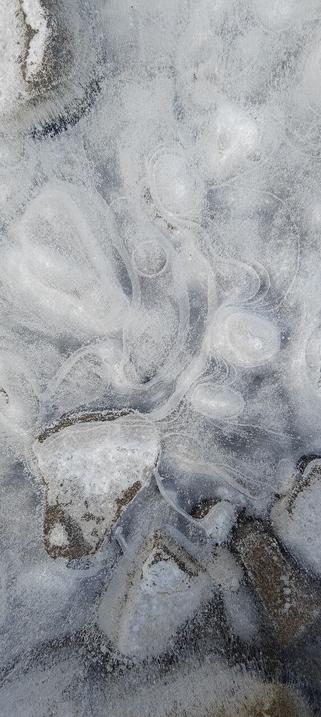 Clear ice, full of frozen air bubbles outlining the rocks laying under the ice, creating cool, whirly curves and patterns