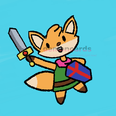 Drawing of the protagonist from TUNIC: A little fox holding a sword and shield wearing a tunic
