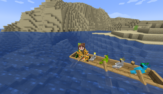 Player swimming in a long boat with four parrots by a sandy shore. The boat looks like the classic game variant, but is longer and has three sets of paddles.