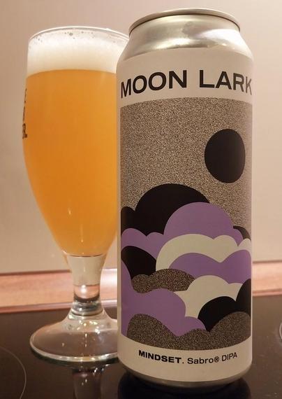 A can of Moon Lark beer and a glass next to it.