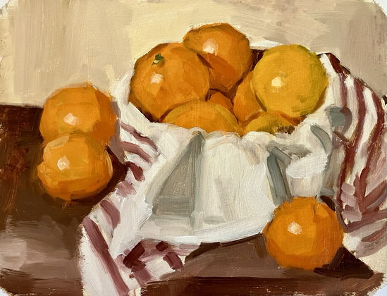A loose oil painting of a bowl of oranges sitting on a table.