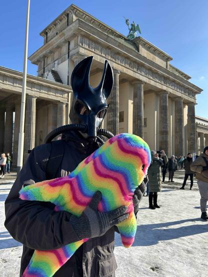 Me standing in front of the Brandenburg Gate in Berlin during the nation-wide CSD. I wear my latex hood and jackal while holding the rainbow queer Blahaj.
Haj and Photo by @limettenbaum.bsky.social.
