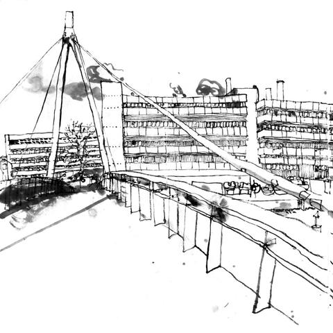 Linker Teil einer Tuschezeichnung von einer Fußgängerbrücke über die Spree. Links ist ie Gehbahn un der A-förmige Pilon mit Schrägseilen, rechts sieht man einige Industrie-Gebäude.