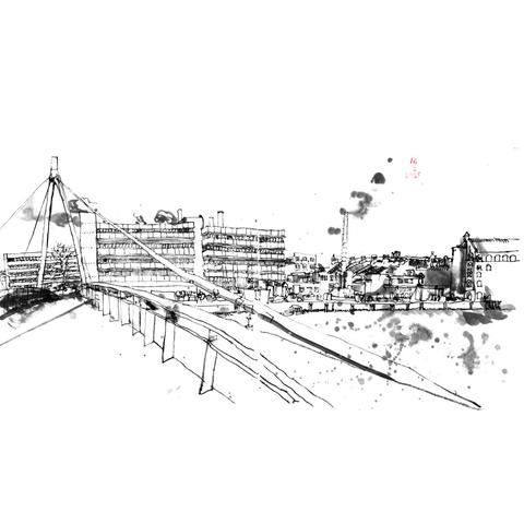Tuschezeichnung von einer Fußgängerbrücke über die Spree. Links ist ie Gehbahn un der A-förmige Pilon mit Schrägseilen, rechts sieht man einige Industrie-Gebäude