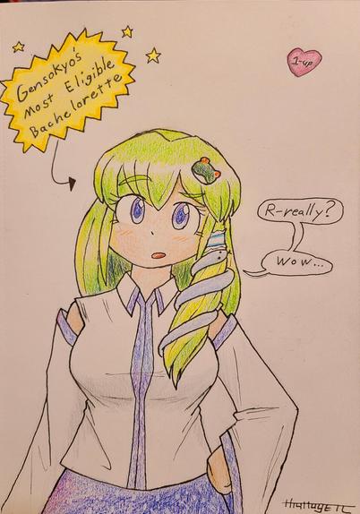 Colored Pencil sketch of Sanae Kochiya, a girl in shrine maiden clothes with a snake and frog ornament in her long hair. She is looking at the viewer quizzically with a hand on her hip. An arrow points to her that says "Gensokyo's most eligible bachelorette", to which she says "R-really? Wow..."