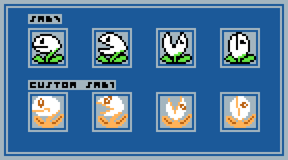 A pixel art comparison image showing the Nipper Plant spritework from Super Mario Bros 3 at the top and custom spritework in the style of the first Super Mario Bros game at the bottom.