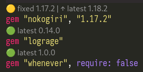 Screenshot showing a Gemfile snippet with hints to the latest dependency versions