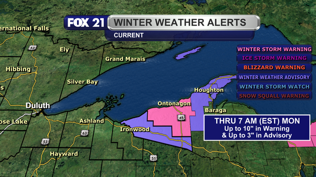 Due to ongoing lake effect snow showers for the Upper Peninsula region, a Winter Storm Warning is in effect until 7 p.m. Monday, February 17, 2025, (Eastern Standard Time) for Ontonagon County.  3 to 10 inches of additional snowfall will take place, with the highest amounts closest to Lake Superior.  A Winter Weather Advisory is in effect for Gogebic County until 7 a.m. Monday (Eastern Standard Time) for up to 3 inches of new snowfall.