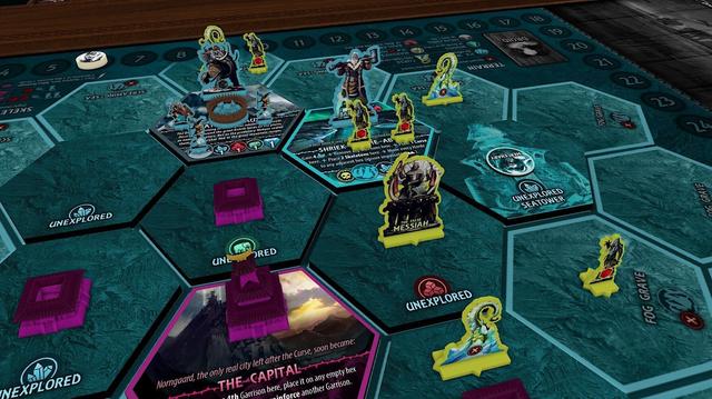 Mid-game picture of the main map of a tabletop simulator game of curse of the last emperor, with the focus on the light blue standees faction (vaguely barbarians) facing off against a horde standee (false messiah).