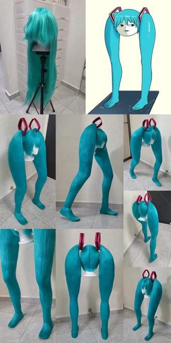 A Hatsune Miku wig has been turned into legs growing out of a head