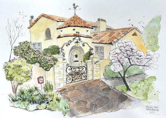 Sketch of a Mediterranean style house with tons of greenery around it