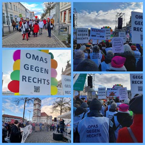 Collage: Je 2 Fotos von Menschengruppen in Berlin und Neustrelitz, ein Foto von Omas gR Schild mit bunter Umrandung