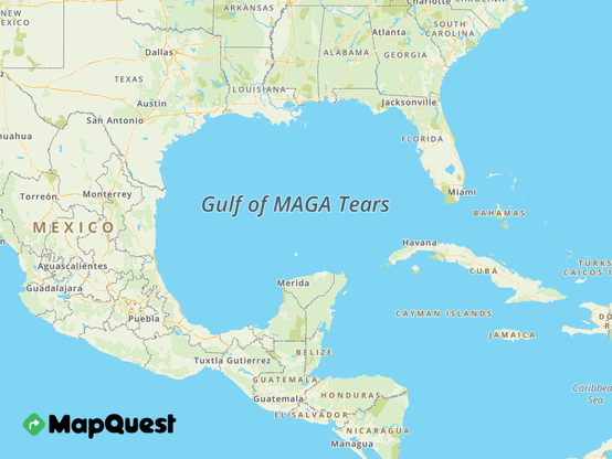 A mapquest map with Gulf of MAGA Tears where Gulf of Mexico is supposed to be.