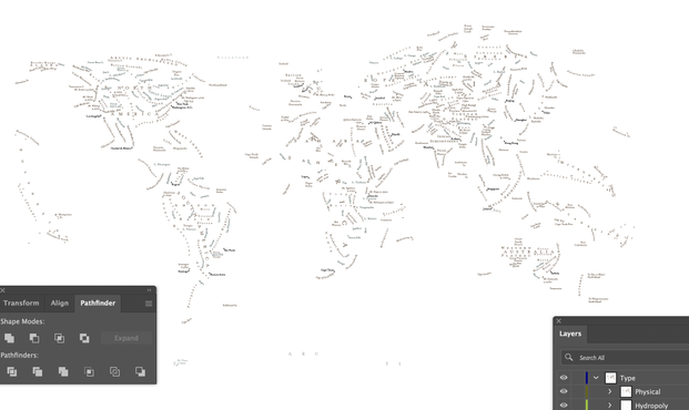 A world map, showing only labels. All other layers are turned off. A variety of brown and blue labels spell out the names of major land-based features.