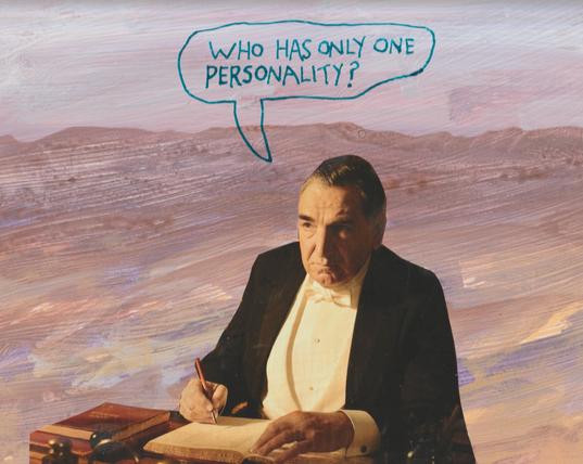 Man writing is thinking, "Who has only one personality?"