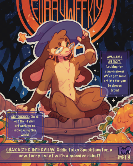 Furry Weekly issue 313 cover featuring Oddie the bunny in a pumpkin patch. Art by decayedarts on Bluesky
