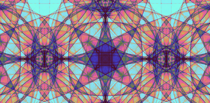 Capture from the abstract generative sketch by Prof. Esperança. Many translucent shapes, looks like stained glass with vertical and horizontal symmetry.