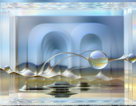 Futuristic visualization of the measurement phase of quantum computing, in a silvery blue glasslike container, with multiple flowing metallic arcs connecting crystalline spheroid particles as they cross above a dark layered metallic device.