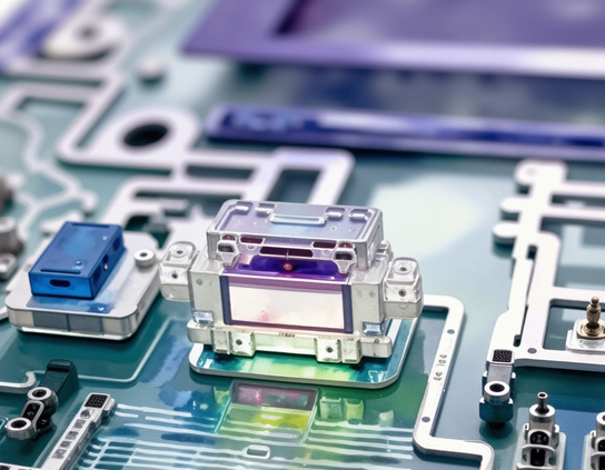 A tiny clear glass component with purple and green accents, on a futuristic, circuit board with transparent and iridescent components and silver metallic connections.