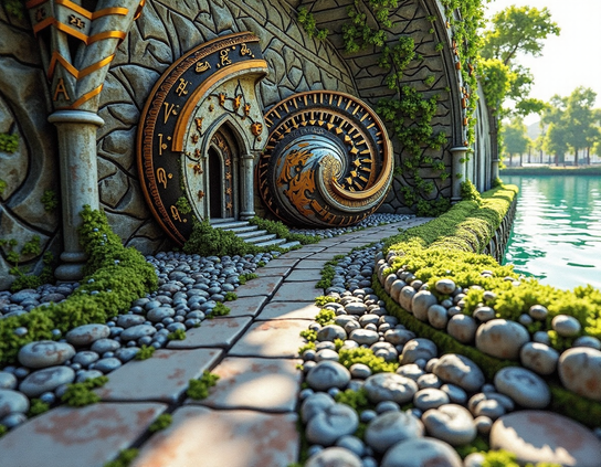 A fantasy stone museum building by a canal, with an intricately carved entrance decorated with copper symbols, surrounded by lush greenery.