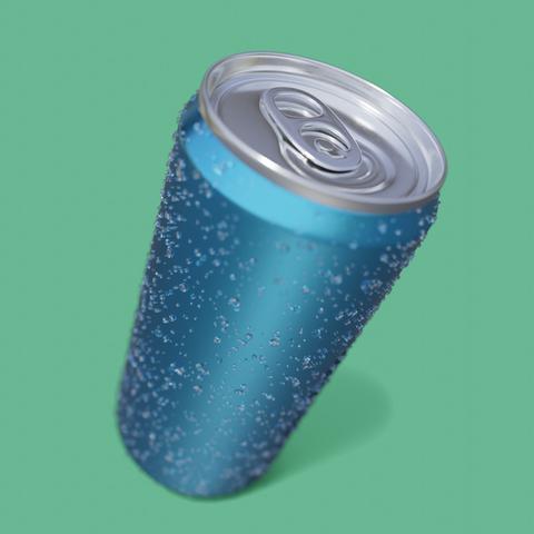 A 3D blue aluminium beverage can covered in water droplets on a green background.