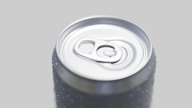 A close up of the top of a 3D gray aluminium beverage can covered in water droplets on a white background.