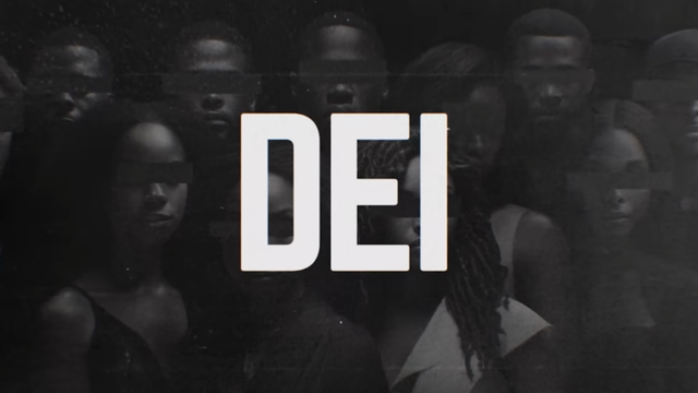 Bold All-Caps "DEI" over dark B&W image of young black males/females with their eyes covered by black rectangles