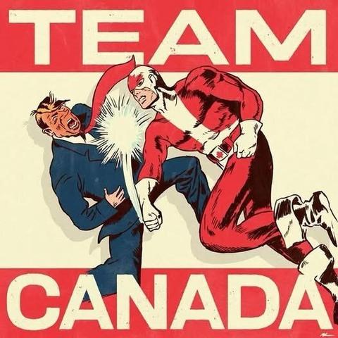 Image is of Captain Canada, a superhero in a one piece skin-tight outfit with hood.  The suit is red and white with a maple leaf on the face/head part and as the belt buckle.  

Captain Canada is leaping forward and punching someone who looks strikingly like Donald Trump.  It says "Team" on the top and "Canada" on the bottom.