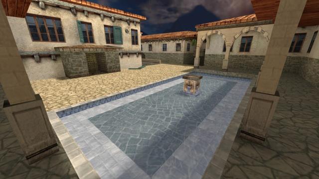 In this picture you can see a small and shallow pool with a kind of fountain in the middle. Half around the pool is a side corridor of a house, this side corridor has a roof. Opposite the pool is a house. The entrance to the house has two metal lattice doors as a front door. Where the left one is slightly open. Under a window, two blue shutters lie on the floor. This is on the map de_torn in the game Counter-Strike 1.6.
