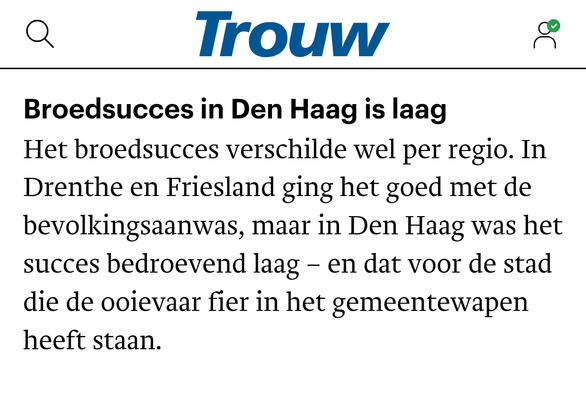 Broedsucces in Den Haag is laag
Het broedsucces verschilde wel per regio. In Drenthe en Friesland ging het goed met de bevolkingsaanwas, maar in Den Haag was het succes bedroevend laag – en dat voor de stad die de ooievaar fier in het gemeentewapen heeft staan.