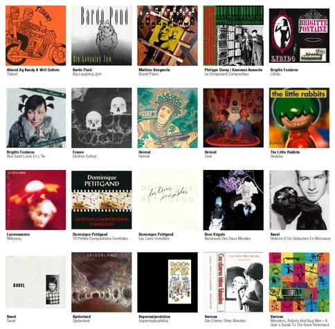 Collage des pochettes des albums de Ahmed Ag Kaedy & Will Guthrie (Tidawt), Bardo Pond (Big Laughing Jym), Mathieu Boogaerts (Grand Piano), Philippe Doray / Asociaux Associés (Le Composant Compositeur), Brigitte Fontaine (Libido), Brigitte Fontaine (Rue Saint Louis En L'Île), France (Destino Scifosi), Heimat (Heimat), Heimat (Zwei), The Little Rabbits (Dedalus), Lucievacarme (Milkyway), Dominique Petitgand (10 Petites Compositions Familiales), Dominique Petitgand (Les Liens Invisibles), Rien Virgule (Berceuses Des Deux Mondes), Savel (Histoire D'Un Séducteur En Morceaux), Savel (Savel), Spiderland (Spiderland), Supermalprodelica (Supermalprodelica), Various (Ces Chères Têtes Blondes), Various (Monsters, Robots And Bug Men - A User's Guide To The Rock Hinterland)
