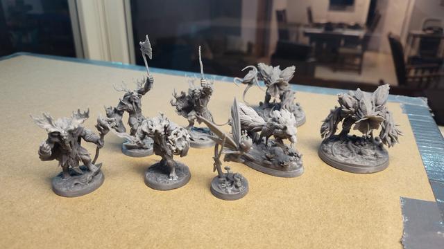 Eight 3D printed miniatures from the Dragon Trappers Lodge Fae Petal Courts collection. A faction of fairy and forest creatures.
